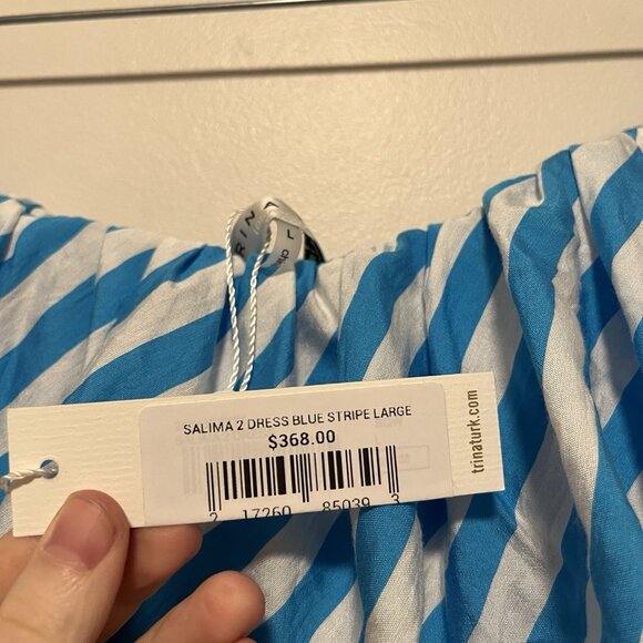 Trina Turk NWT‎ Salima 2 Midi Off-The-Shoulder Dress in Blue Stripe Size Large - Picture 6 of 12